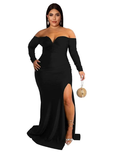 Wmstar Plus Size Party Dresses for Women Off Shoulder V Neck Slip Hem Elegant Full Length Maxi Dress Wholesale Dropshipping 2022