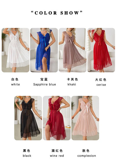 Women's Sexy Lingerie Nightgown Semi Sheer Babydoll Sleepwear Dress With Polka Dots Bow Knot Decor Summer Mesh V-Neck Loungewear