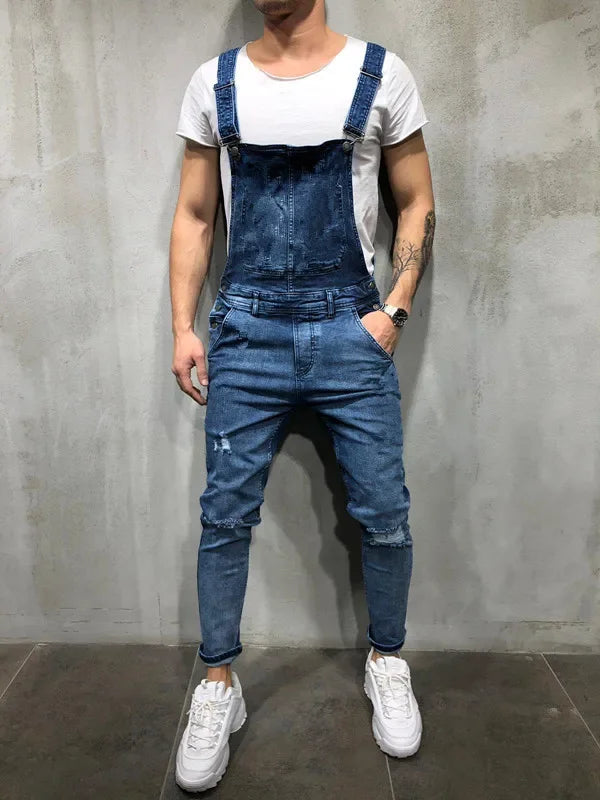 Men's Spring and Autumn Jeans, New Style Retro Casual All-match Ripped Dungarees, Fashionable High Street Trendy Brand Dungarees