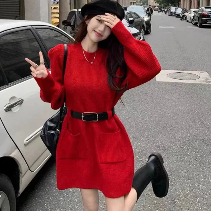 Korean Fashion with Belt Short Dress Women Vintage Long Sleeve Knitted Dresses Female 2025 New Loose Pocket Solid Basic Dresses