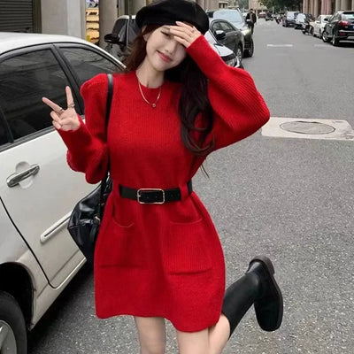 Korean Fashion with Belt Short Dress Women Vintage Long Sleeve Knitted Dresses Female 2025 New Loose Pocket Solid Basic Dresses