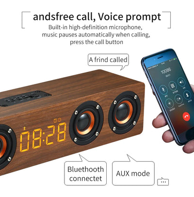 Wireless Bluetooth 5.0 Speakers For Computers Wooden Alarm Clock Display Sound System Player with AUX TF FM Radio Subwoofer Box