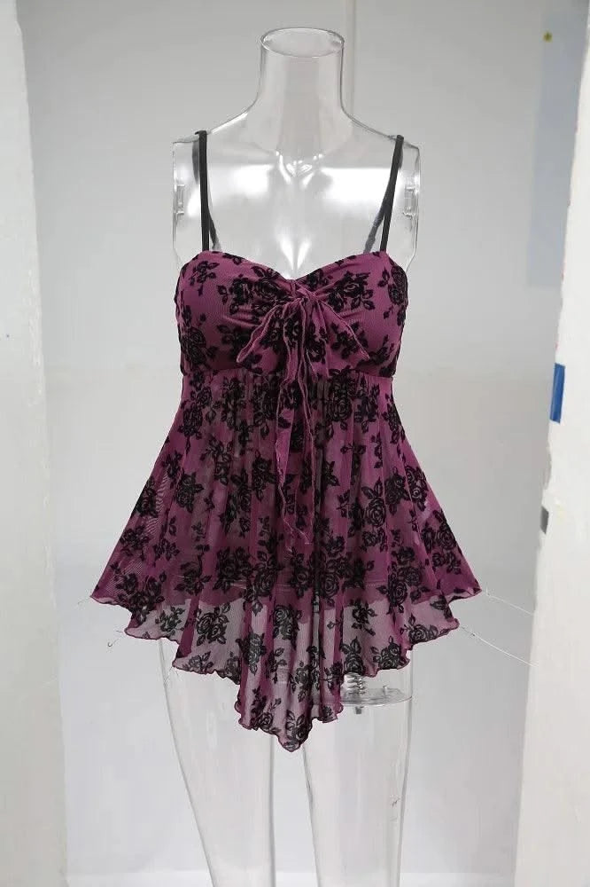 ROSEGAL Plus Size Gothic Camis Top for Women, Floral Mesh, Flocking Bowknot, Tied Asymmetric Top, Adjustable Shoulder Strap Vest