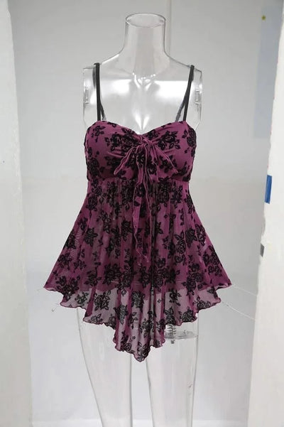 ROSEGAL Plus Size Gothic Camis Top for Women, Floral Mesh, Flocking Bowknot, Tied Asymmetric Top, Adjustable Shoulder Strap Vest