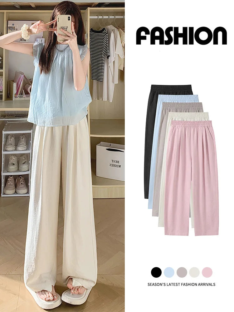 Women Wide leg Pants Spring Summer Elastic Waist Stright Long Loose pants Casual Female Solid Soft Pants Trousers