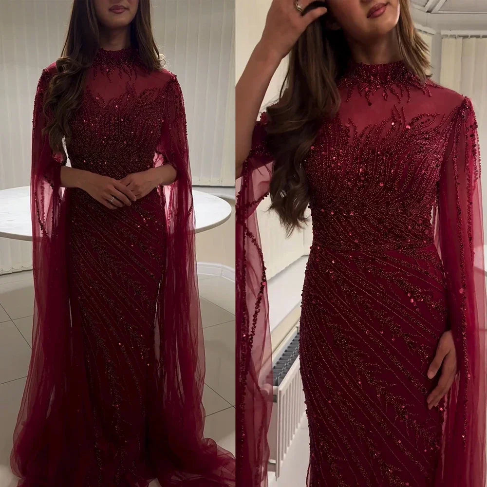 FATAPAESE Luxury Evening Dress 2025 Sheath Beading Sequined High neck Full Sleeve Zipper Sweep Prom Dress Shiny Formal Gowns