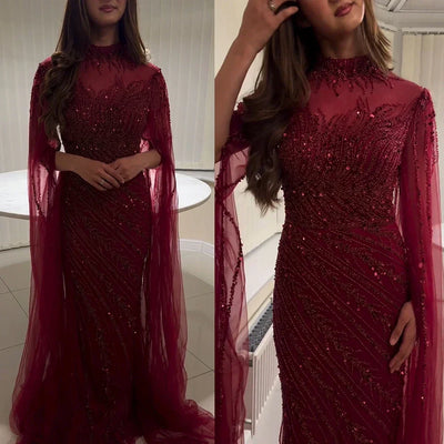 FATAPAESE Luxury Evening Dress 2025 Sheath Beading Sequined High neck Full Sleeve Zipper Sweep Prom Dress Shiny Formal Gowns