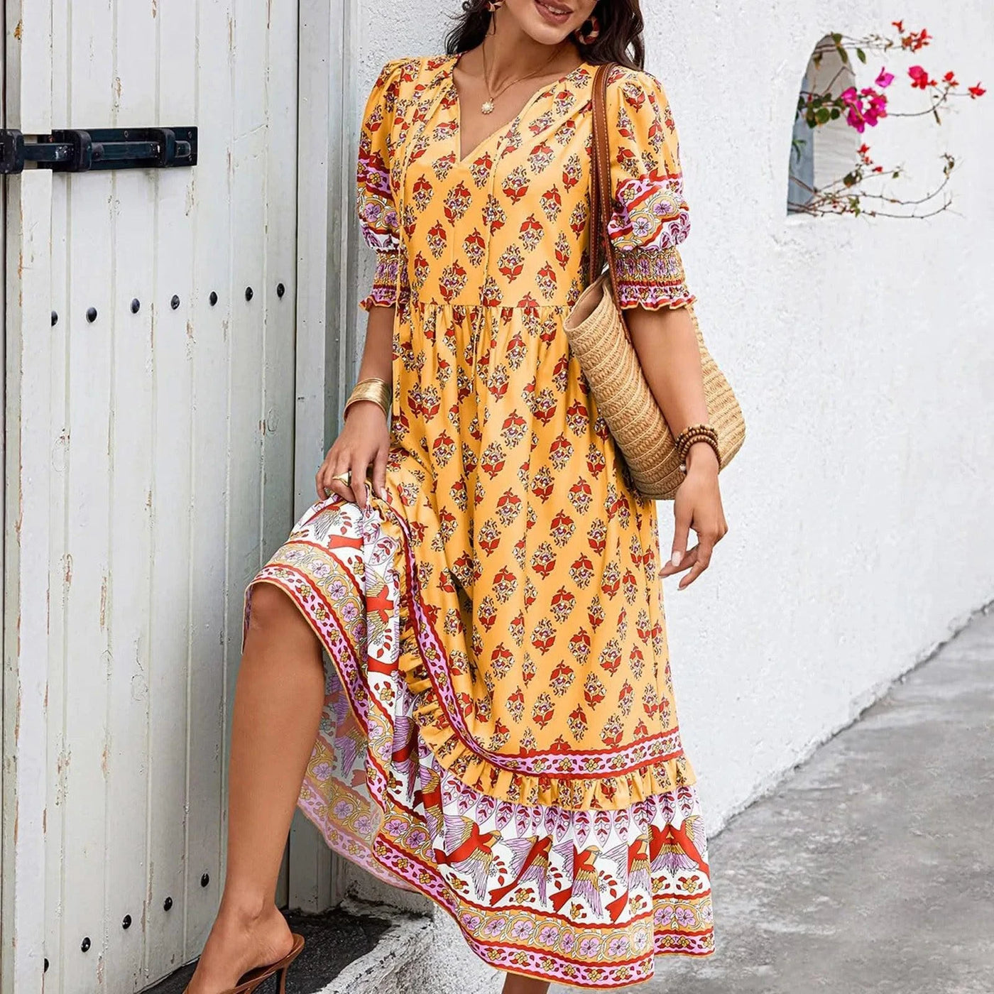 dresses for women Fashion summer Casual long dresses Bohemian V-Neck Printed High Waisted Big Swing Dress vestidos cortos