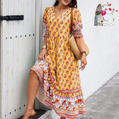 dresses for women Fashion summer Casual long dresses Bohemian V-Neck Printed High Waisted Big Swing Dress vestidos cortos
