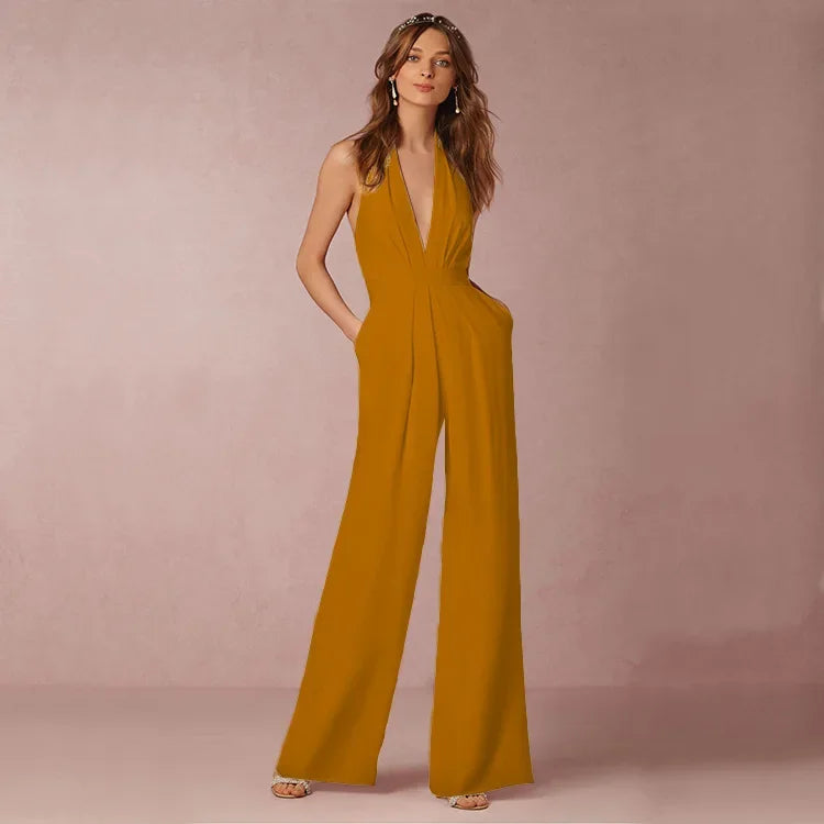 Jumpsuits Women Sexy Playsuits Deep V-neck Sleeveless Halter Neck Backless High Waist Wide Leg Jumpsuit Elegant Party Banquet