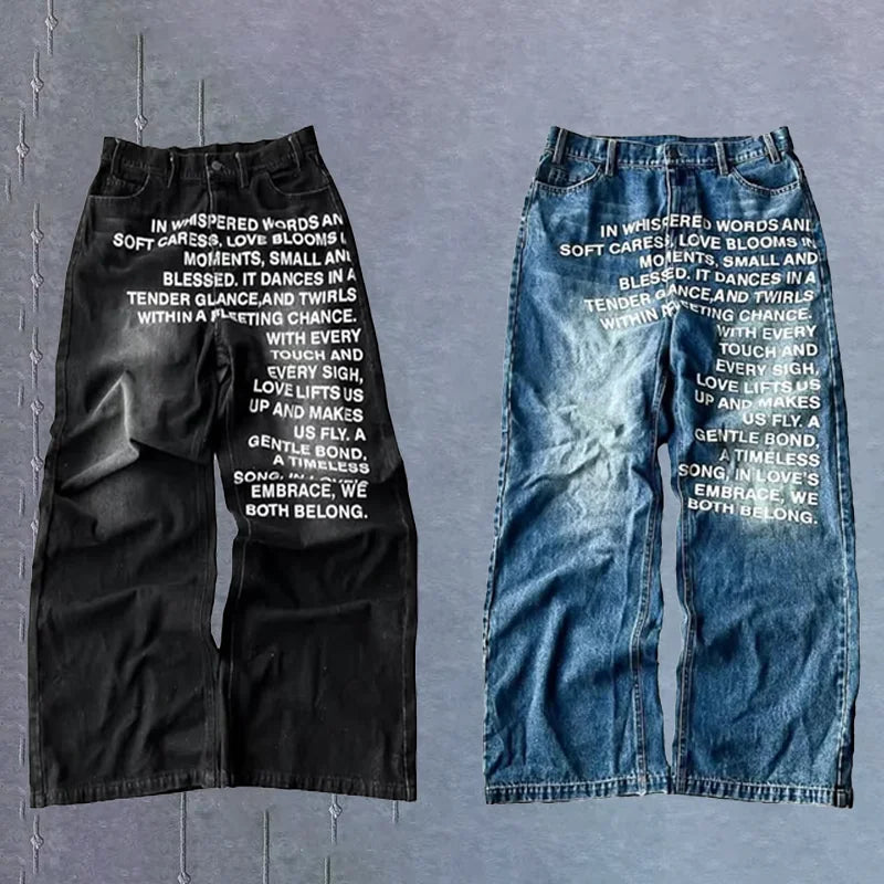 Y2K men Jeans gothic American Pattern letter jeans vintage Casual men women Harajuku Fashion streetwear Hip Hop wide leg jeans