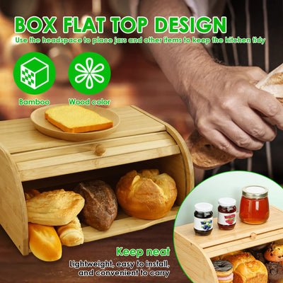 Bamboo Bread Storage Box Large Capacity Keep fresh Storage Bin Bread Cookies Food Storage Containers with Roll Lid Sliding door