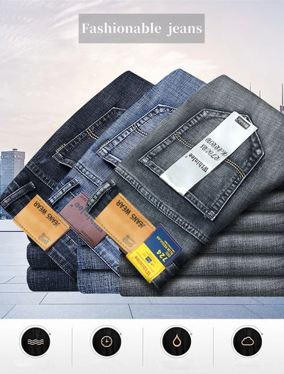 Mens Denim Pants Spring Casual Business Straight Fit Loose Elasticated Jeans Stylish Comfortable Pants for Work and Daily Wear