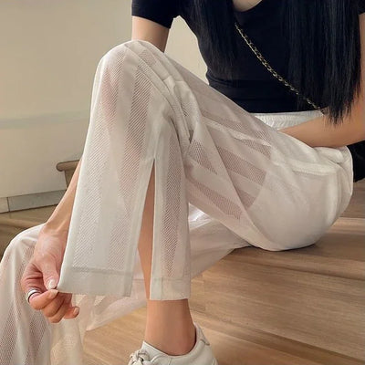Wide Leg Elastic Waist Trousers for Woman Straight Women's Pants Black Stripe White Clothing High Quality Classic Y2k Streetwear