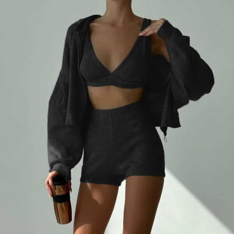 Solid Sport 3 Piece Set Crop Vest Hoodie Tracksuit Women Casual Sweatshirt Coat Mini Short Matching Set Sportswear 3 PCS Outfit
