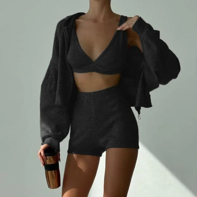 Solid Sport 3 Piece Set Crop Vest Hoodie Tracksuit Women Casual Sweatshirt Coat Mini Short Matching Set Sportswear 3 PCS Outfit