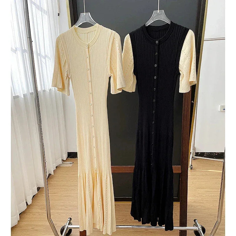 Classic Style Single Breasted Knitted Women Midi Dress O Neck Short Sleeve Hollow Out Spliced Lady Fishtail Dress
