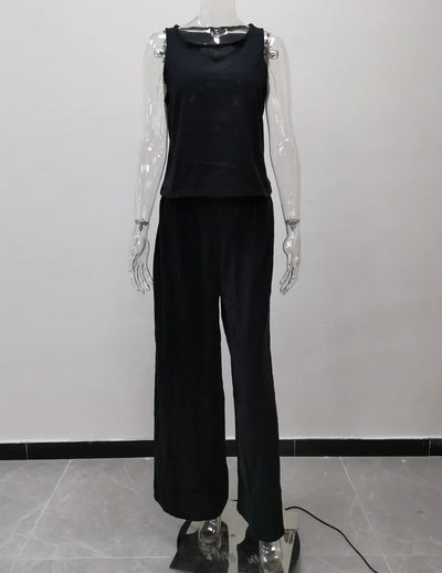 Women's New Cotton Linen Suit Summer Casual Sleeveless Round Neck Top Trousers Wide Leg Pants Two-piece Set For Women
