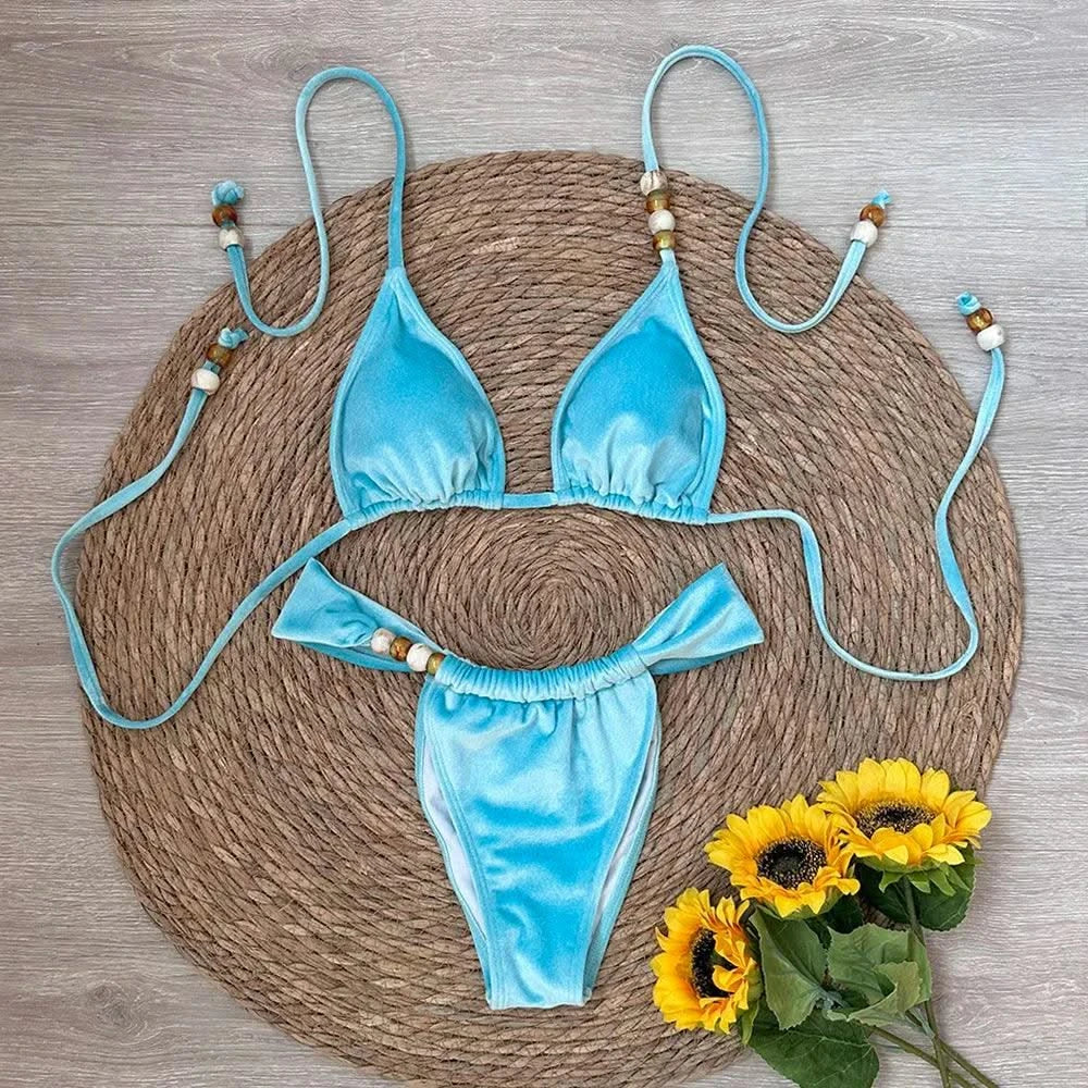 Micro Bikini Sexy Women Swimwear Push Up Swimsuit Biquini Thong Brazilian Bikini Set Solid Halter Gold Velvet Beachwear