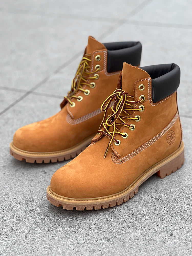 Hiking boots Men's High Help Work Suit Boots Cowhide Yellow Boots Cotton Shoes ClimbiWaterproof Shoes Lovers Shoes Yellow Boots