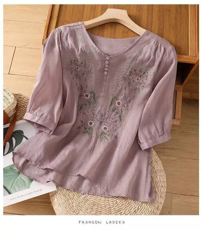 Cotton and Linen V-neck Embroidered Shirt for Women, Summer Thin Style Loose Medium Sleeves Small Shirt Top