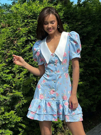 Floral Ruffles Women Dress French V Neck Puff Sleeve Summer Slim Sweet Mini Dress Fresh Chic High Waist A Line Elegant New Dress