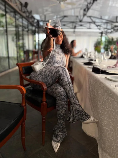 kliou Attractive Y2K Women Jumpsuits Fashion Print Halter Backless High Collar Off Shoulder Overalls Female Midnight Clubwear