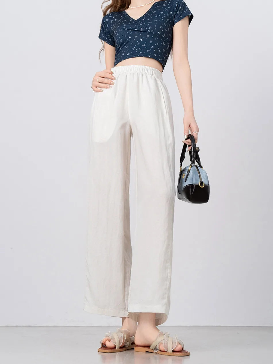 New Wide-leg Pants Women Clothing Summer Thin Loose Straight Casual Pants Solid High Waist Drape Nine-point Literary Pants