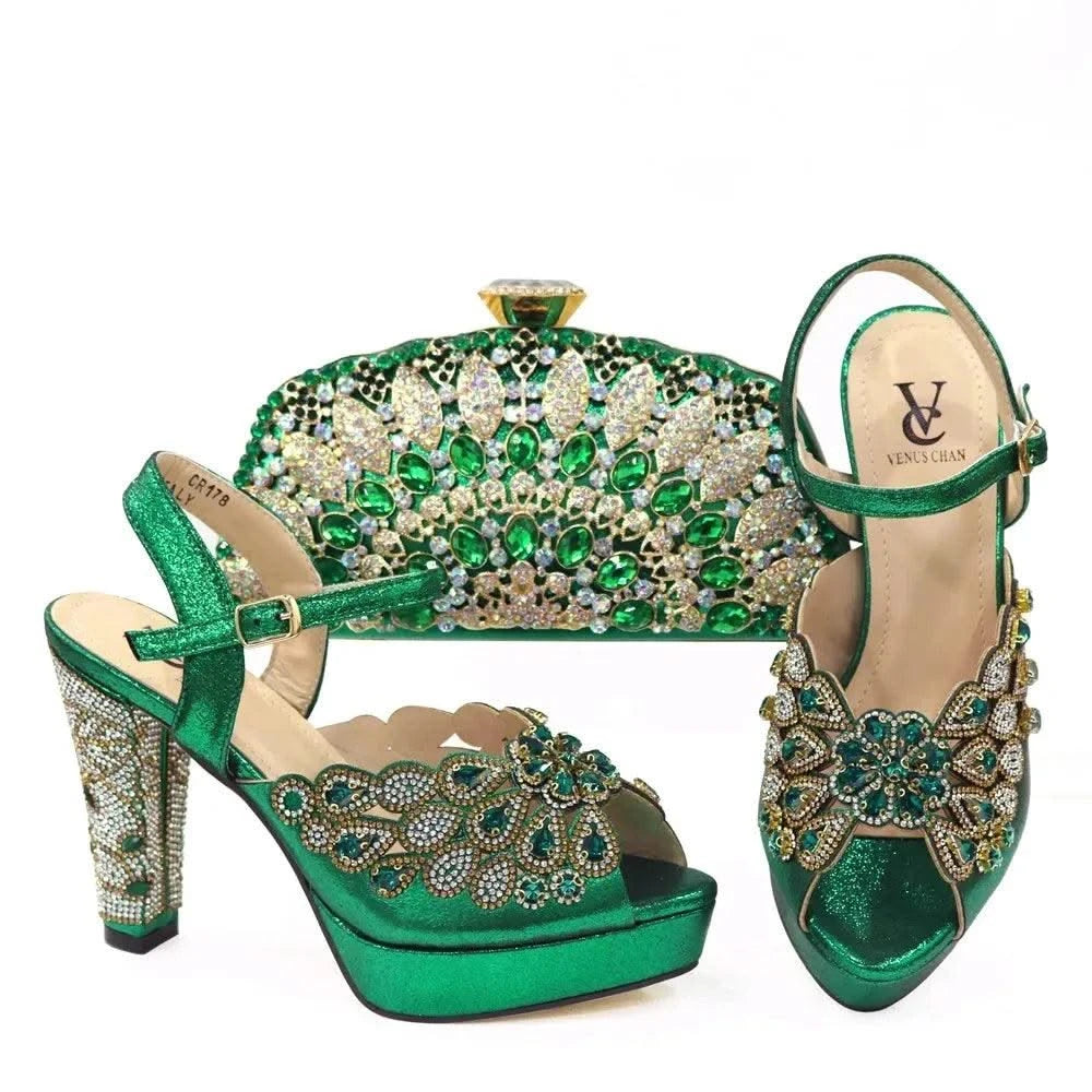 Embroidery Italian Design Pointed-Toe High-heeled Shoes and Bags Set for Women