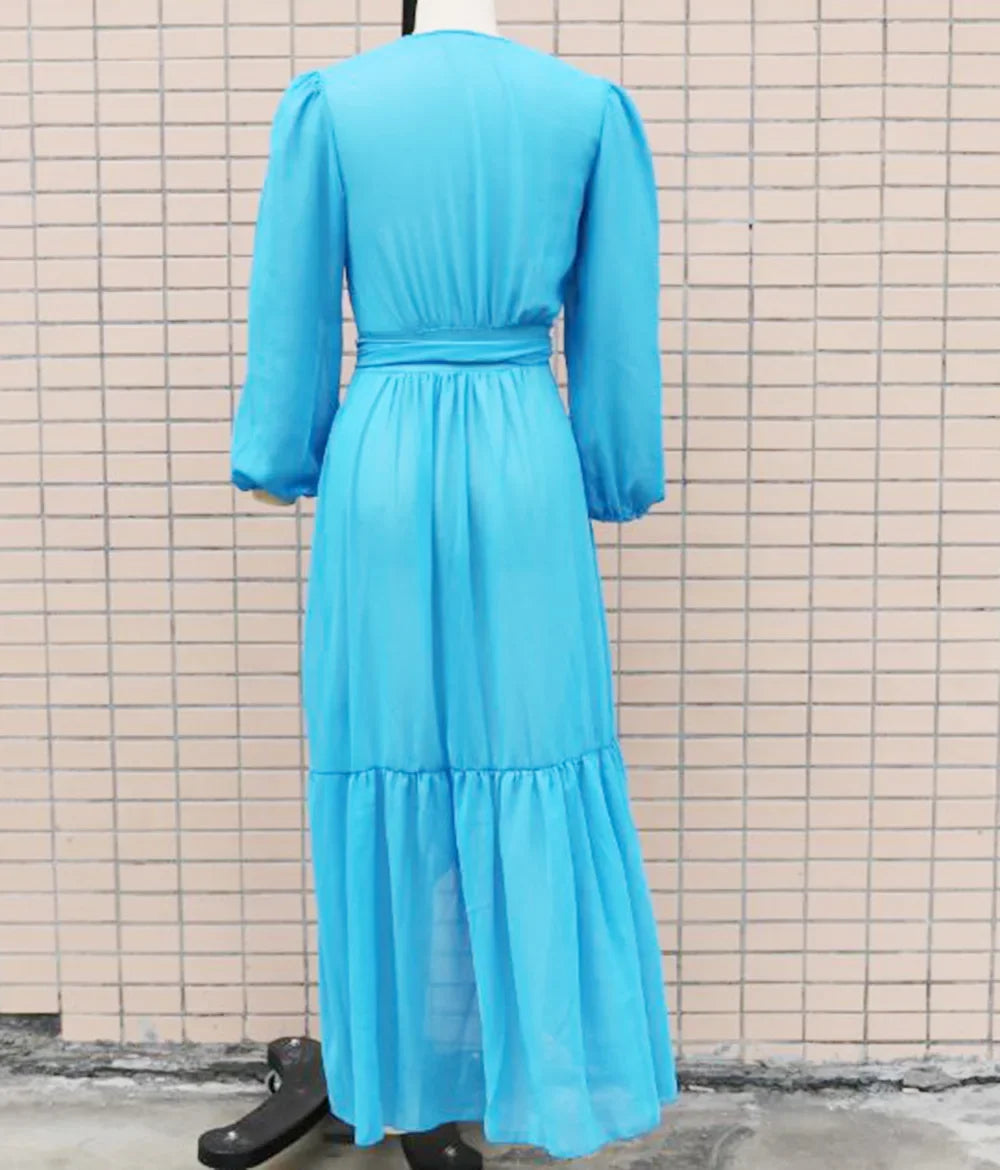 2024 New Lace Up Bikini Cover Ups for Women Maxi Dresses Solid Long Sleeve Beach Dress
