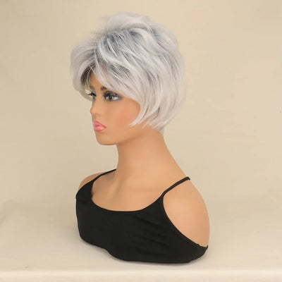 Women Short Hair Women Synthetic Wigs Mixed Gray White Pixie Cut HighLights Hair Wig Heat Resistant Fiber Wigs