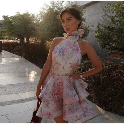 New Summer Party Dress Sweet Print Backless Mini Gown Women Elegant Lace Up Sleeveless A-line Vestidos Female Beach Holiday