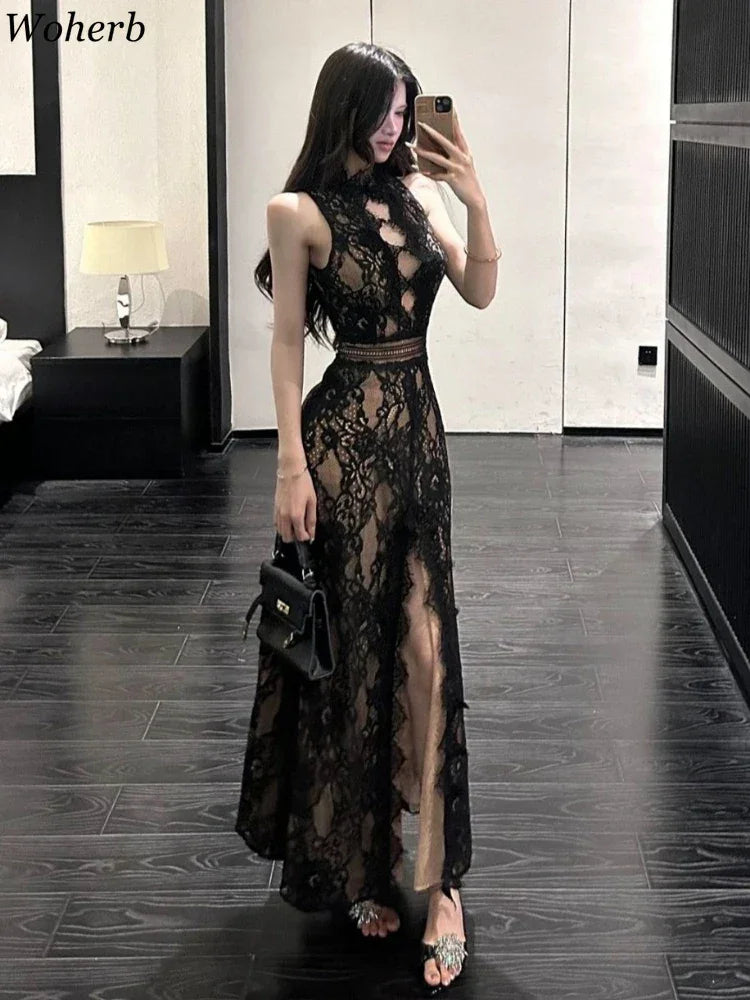 New Maxi Dresses for Women 2025 Vestidos De Mujer Lace Jacquard Temperament Robe Femme Backless Slim Fit Hollow Out Summer Dress