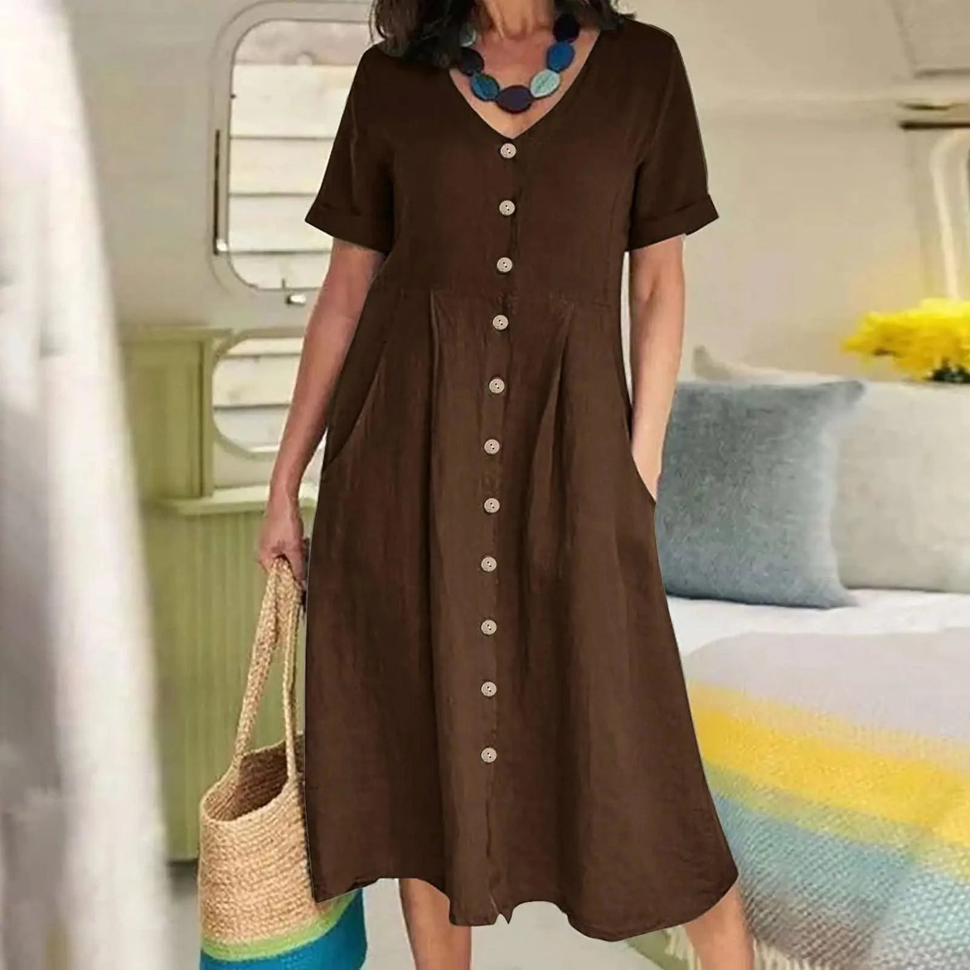 Women's Summer Casual Cotton Linen Midi Dress White  Loose Elegant Green Dresses Vestidos Платье С Декольте Jupe Longue Femme