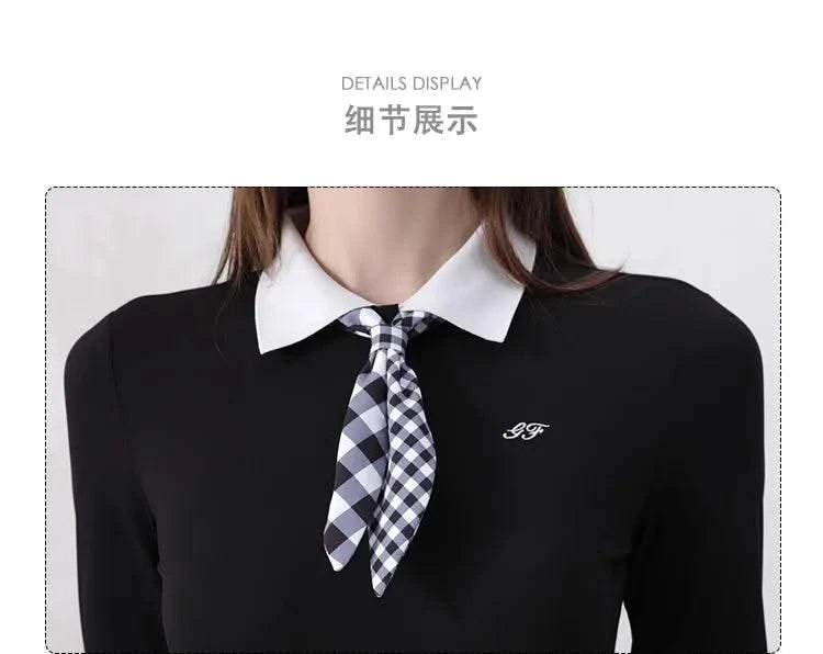 Women's Golfwear for Spring/Autumn Slim-Fit Long-Sleeve Top with Polo Collar and Bow Tie, High-End Golf Hundred-Pleat Skirt Suit
