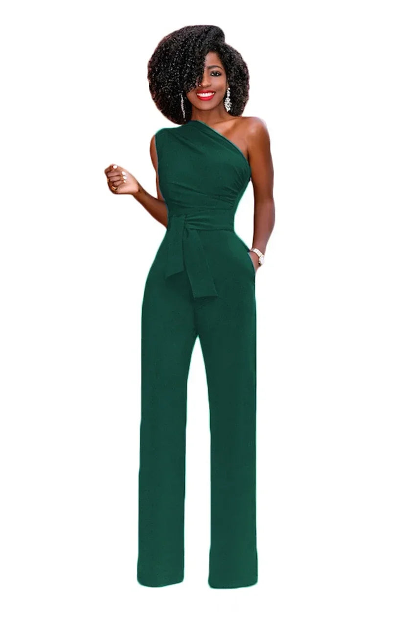 Women's Jumpsuit Solid Skew Collar Crop Top Straight Pants Belt Sexy Sleeveless Loose Pants Elegant Charming Playsuits 2024