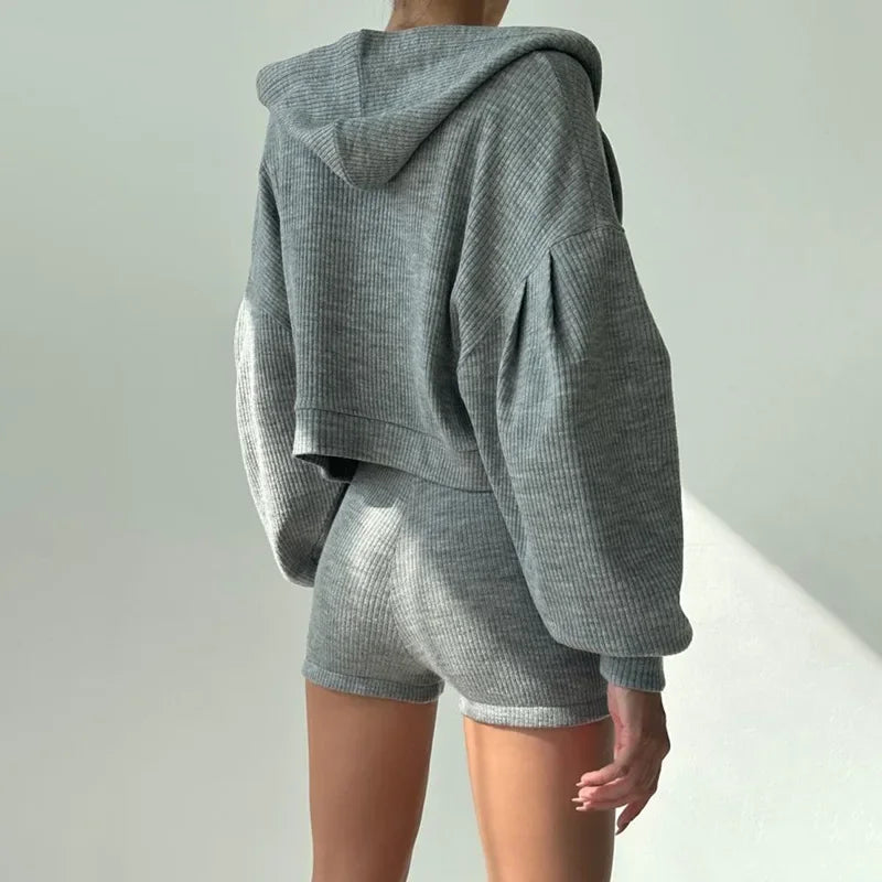 Solid Sport 3 Piece Set Crop Vest Hoodie Tracksuit Women Casual Sweatshirt Coat Mini Short Matching Set Sportswear 3 PCS Outfit
