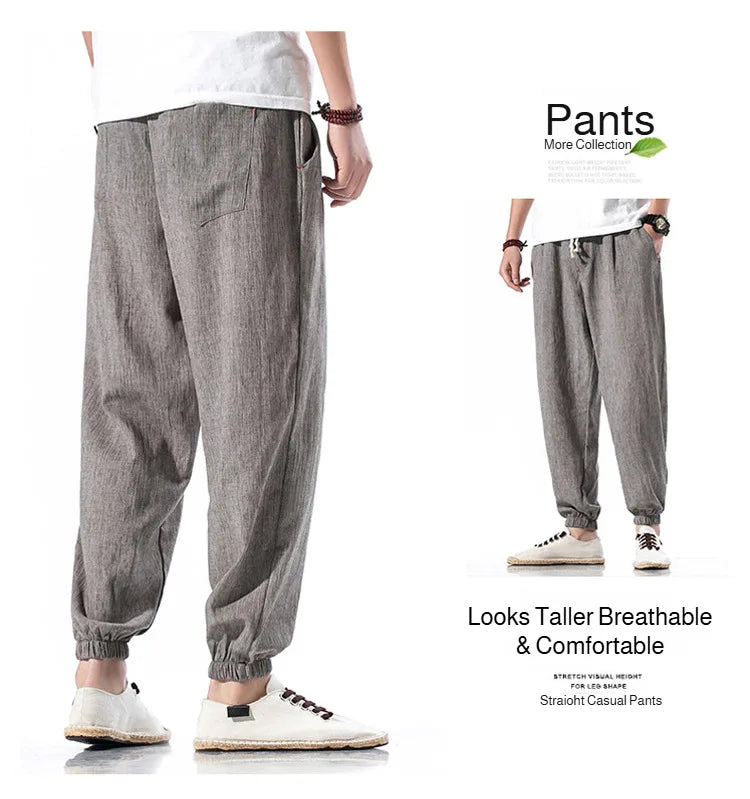 Men's Cotton and Linen Trousers Harem Pants Cuffed Fashion Trousers Linen Slim Pants Beach Pants Joggers Streetwear Loose Pants