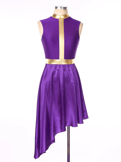 Women Lyrical Dance Dress Color Block Patchwork Invisible Zipper Back Flowy Asymmetrical Hem Sleeveless Dresses Dancewear