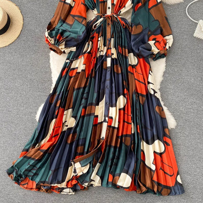 Retro Print Elegant Pleated Lace-up Chiffon Long Sleeve Dress A-line Blouse French Casual V-neck High Waist Women Summer Dresses