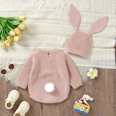 2pcs/Set 0-18m Knitted Jumpsuits Costume| Baby Rabbit Easter Clothes Sets |Cute Hats+ Bodysuits Spring Outfits for Newborn Boy Girl