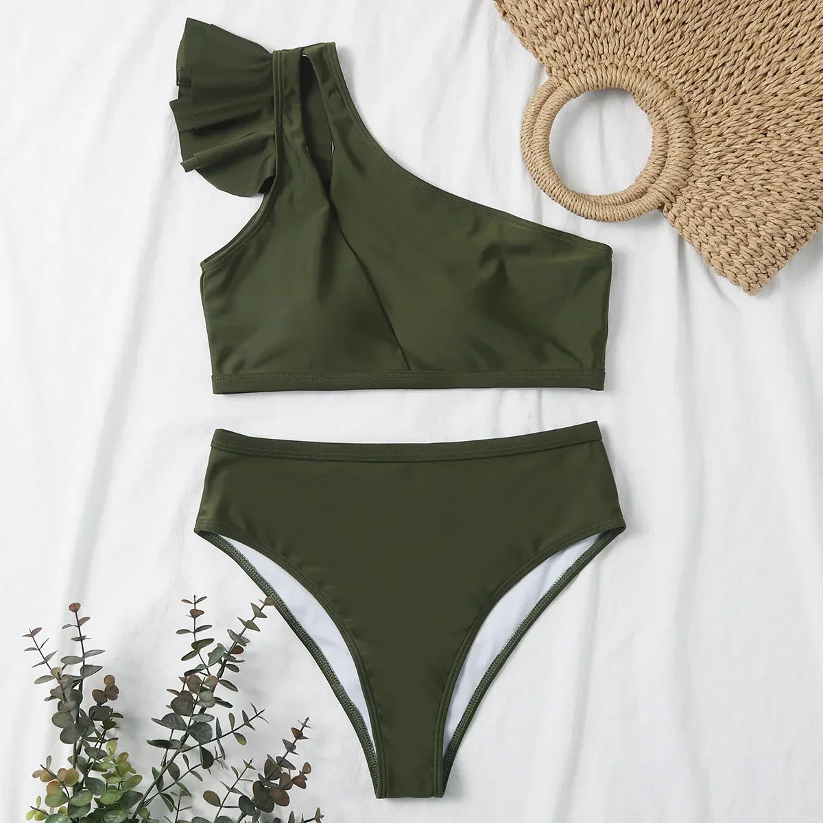 One Shoulder Bikinis 2025 Women Ruffle Swimsuit Solid High Waist Swimwear Female Padded Bathers Bathing Swimming Suit Beachwear