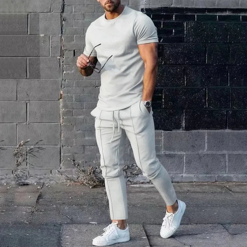 Mens Suit Summer Two-piece Suit Short-sleeved T-shirt Casual Fashion Trousers Sets for Men