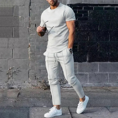 Mens Suit Summer Two-piece Suit Short-sleeved T-shirt Casual Fashion Trousers Sets for Men