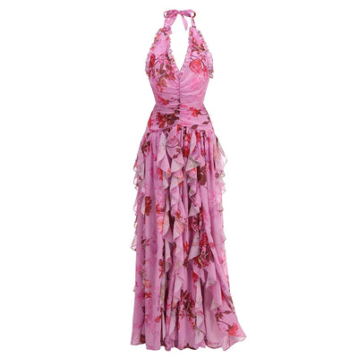 Bohemian Ruffle Long Dress for Women – Pink Floral Halter Neck Evening Gown – Elegant Vacation & Wedding Guest Dresses