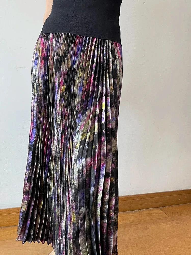 Shiny Colorful Luxury High Waist Midi Skirt 2025 Spring/Summer Fashion Trends Elastic Waistband Pleated Skirt Old Money Style