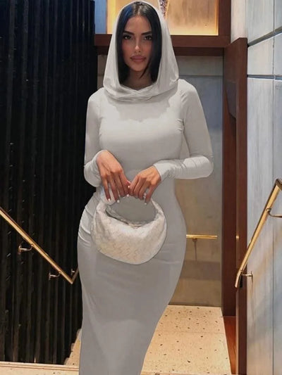 Hooded Long Dress For Women Y2k Clothes Sexy Streetwear Long Sleeve Bodycon Vestidos De Mujer Solid Robe Femme Été Back Split