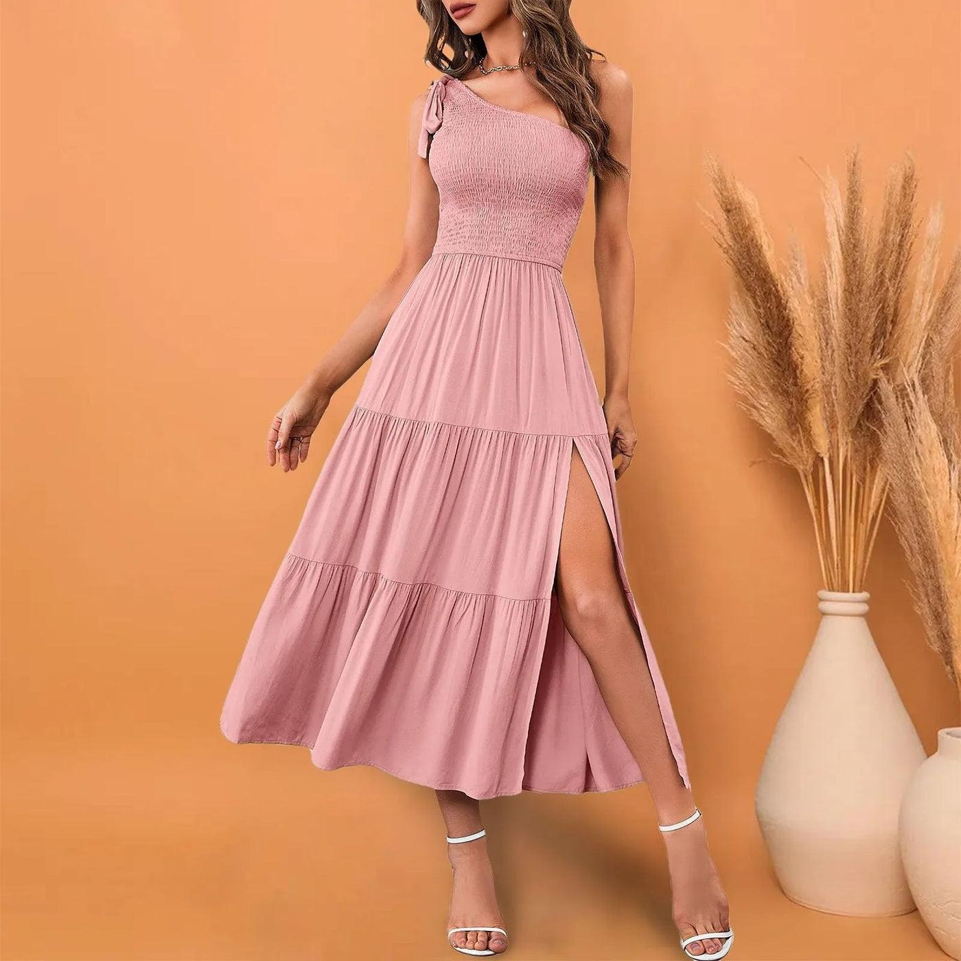 Elegant Dresses For Women Women'S Summer Casual One Shoulder Sleeveless Smocked Elastic Waist Tiered Midi Dress платье