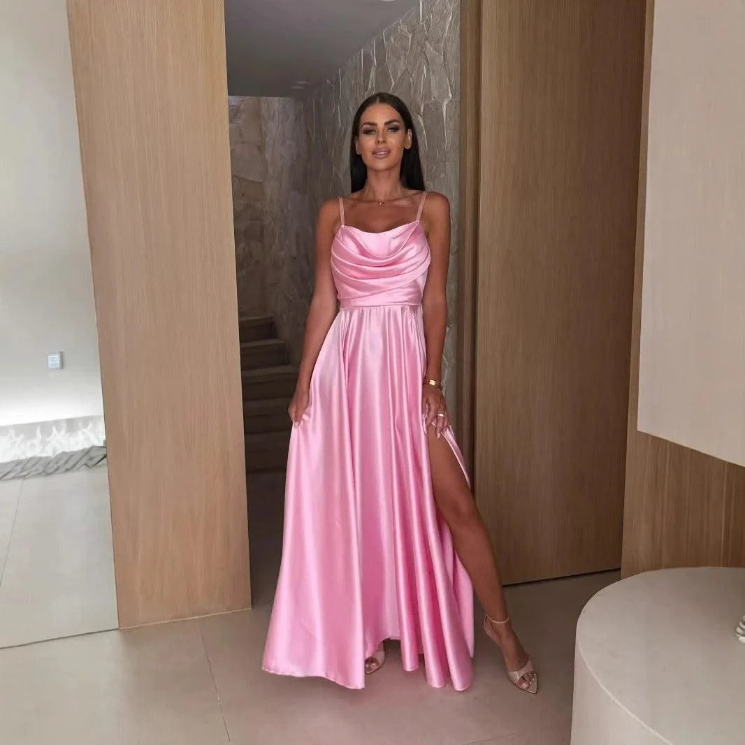 2025 Summer Women's Sexy Off Shoulder Solid Color Folded Split Strap Dress