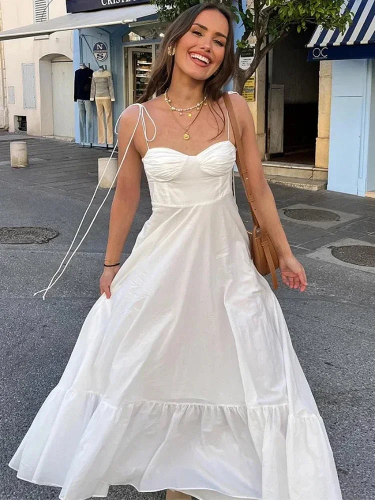 ZBZA Women's Tiered Poplin Dress Sweetheart Neckline Adjustable Bow Straps Sleeveless Camisole Midi Dress New Female Chic Dress